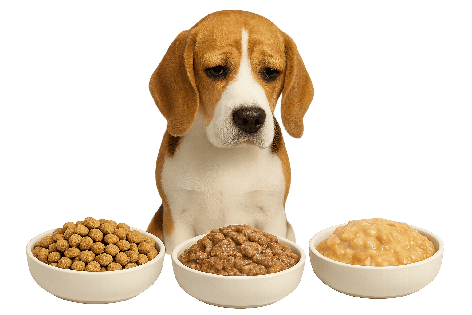 Dog surrounded by bowls of different dog food